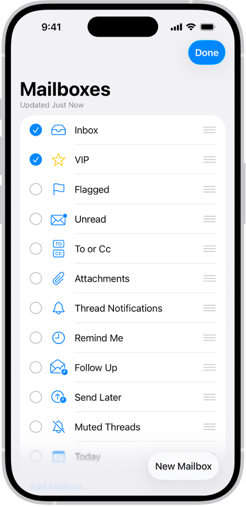 메일상자 편집 화면. 선택 사항인 메일상자가 위에서 아래로 나열되어 있고 각 옵션의 왼쪽에 체크상자가 있음. 화면 오른쪽 하단 모서리에는 새로운 메일상자라고 레이블이 표시된 버튼이 있음.