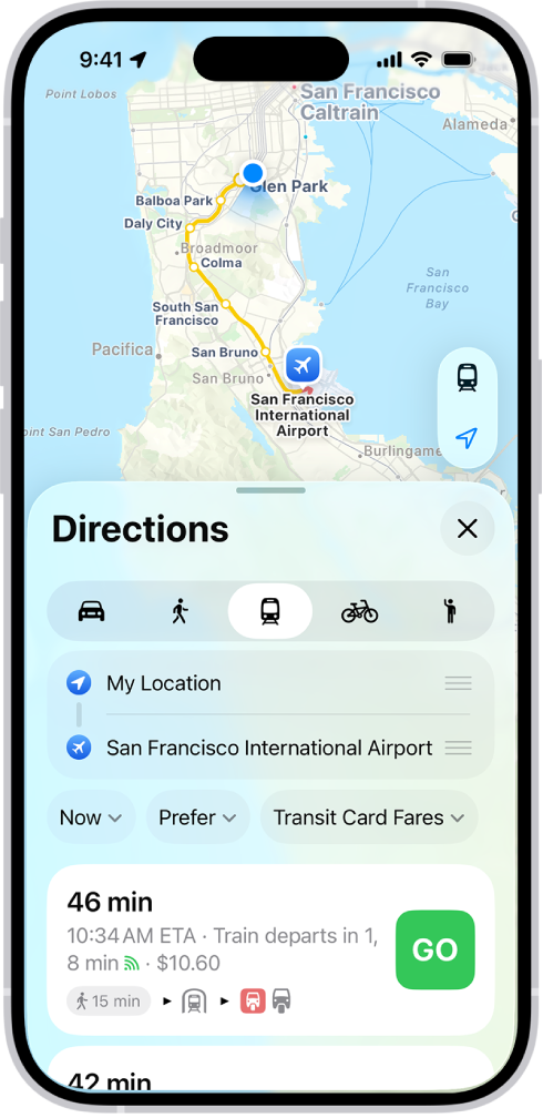 대중교통 경로가 표시된 지도. 하단의 경로 카드는 예상 이동 시간, 총 비용을 포함한 경로의 세부사항을 제공함. 세부사항 오른쪽에 이동 버튼이 나타남.