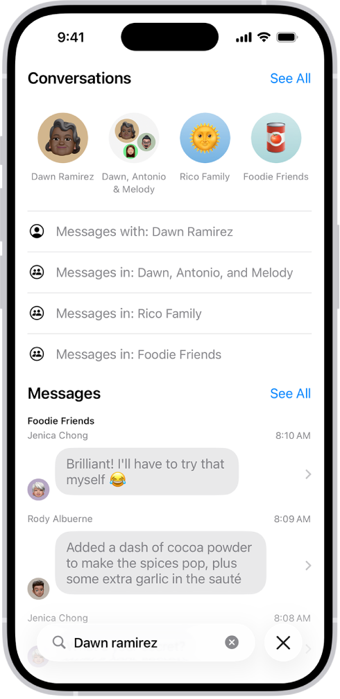 화면 하단에 메시지 앱의 검색 필드가 표시됨. 검색 필드에는 사람 이름이 있고 그 위에는 검색어와 일치하는 여러 옵션이 나타남.