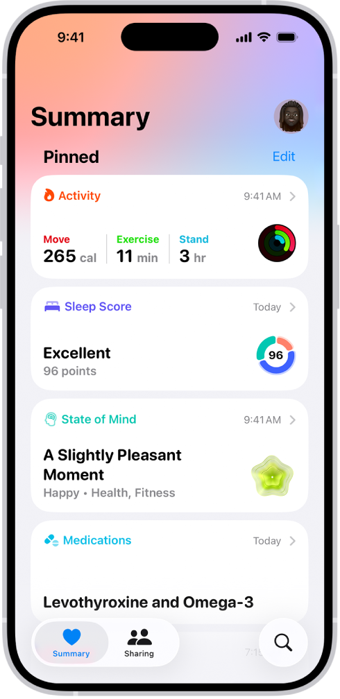 건강 앱의 요약 화면. 활동, 수면 점수, 마음 상태 및 투여약에 관한 정보가 ‘고정됨’ 아래에 나타남.
