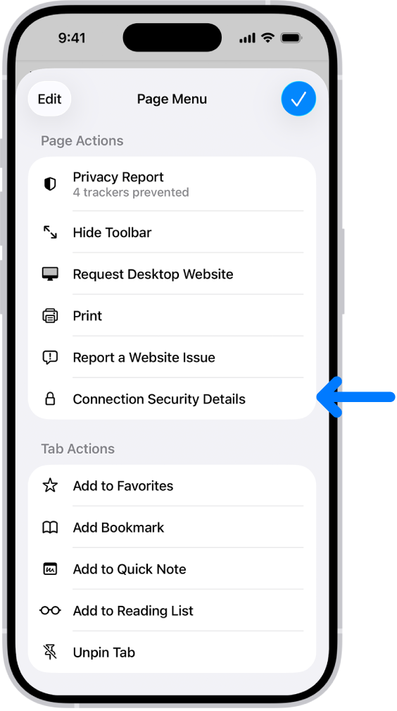 Safari에서 페이지 메뉴가 열려 있으며, 페이지 중간쯤에 연결 보안 세부사항 제어기가 있음.