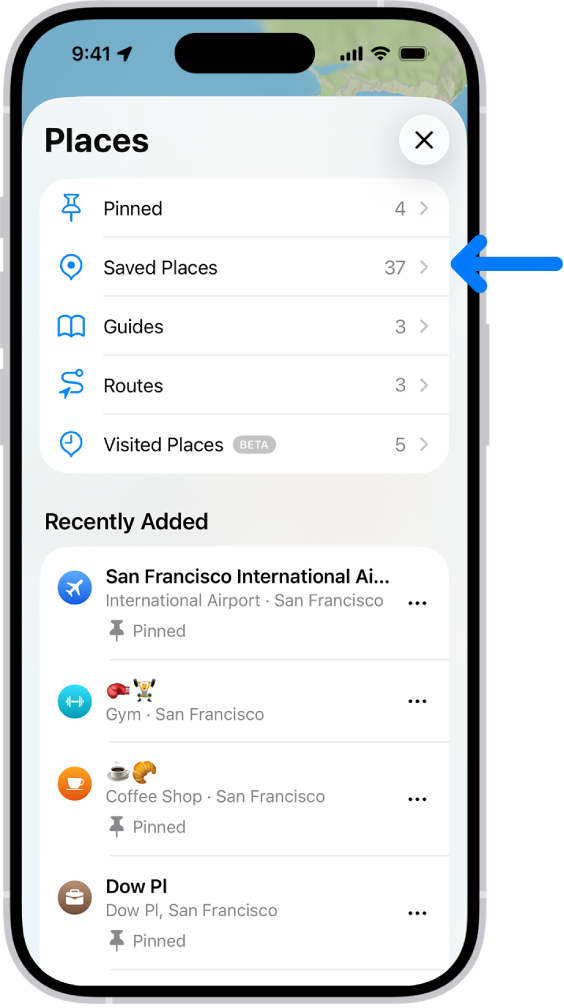 „Žemėlapių“ ekrane „Vietos“ rodomas vietų kategorijų sąrašas, pvz., „Pažymėta“, „Išsaugotos vietos“ ir „Gidai“. Žemiau esančioje skiltyje „Neseniai įtraukta“ išvardytos peržiūrėtos vietos.