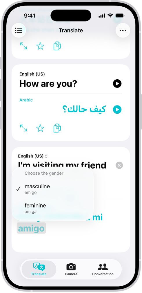 Kortelė „Vertimas“, kurioje rodoma iš anglų į ispanų kalbą išversta frazė ir pilkai paryškintas žodis su skirtingais lyčių variantais.