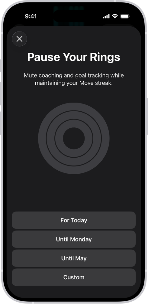 Lietotnes Fitness ekrāns Pause Your Rings, kurā ir redzamas funkcijas Activity apļu pārtraukšanas opcijas.
