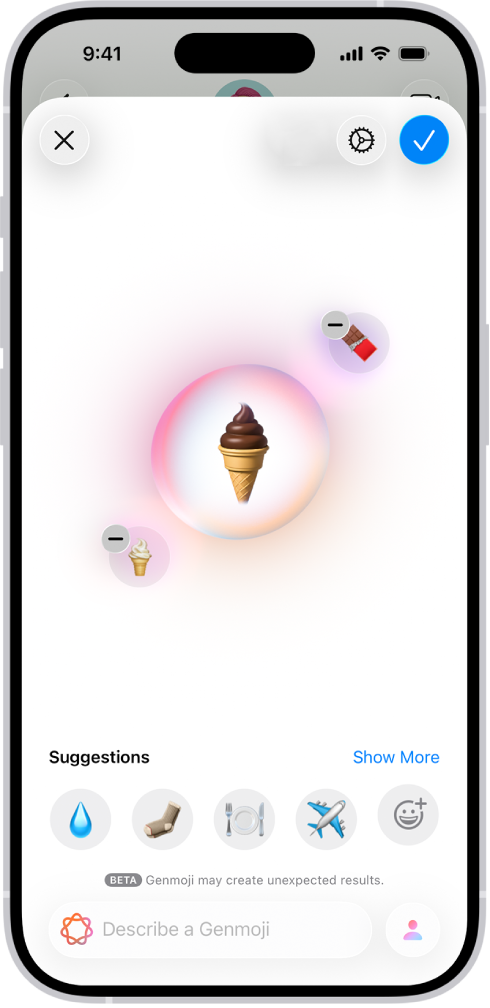 Genmoji logā redzama izveidota Genmoji emocijzīme ar saldējumu.