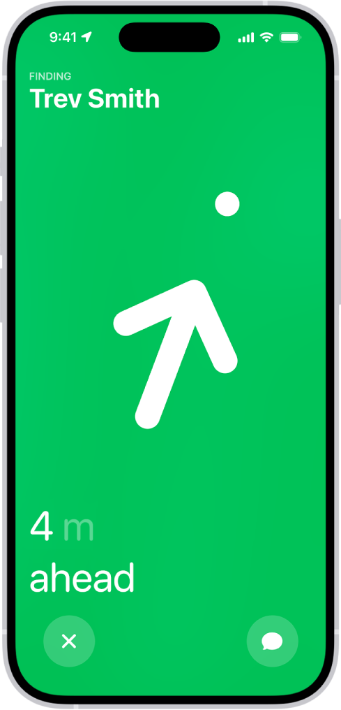 Tās personas, kura tiek meklēta ar Precision Finding, vārds ir redzams augšējā kreisajā stūrī, un bultiņa norāda personas virzienā ar aptuveno attālumu. Ekrāna apakšā ir pogas Precision Finding aizvēršanai un ziņas sūtīšanai attiecīgajai personai.