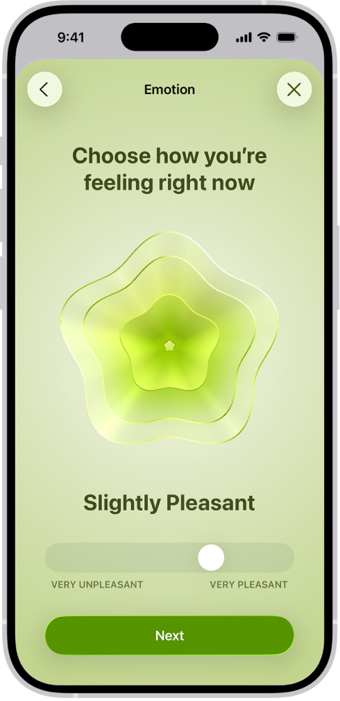 Lietotnes Health ekrāns, kur pašreizējais noskaņojums noteikts kā Slightly Pleasant. Ekrāna apakšā ir slīdnis, lai pielāgotu emociju līmeni.