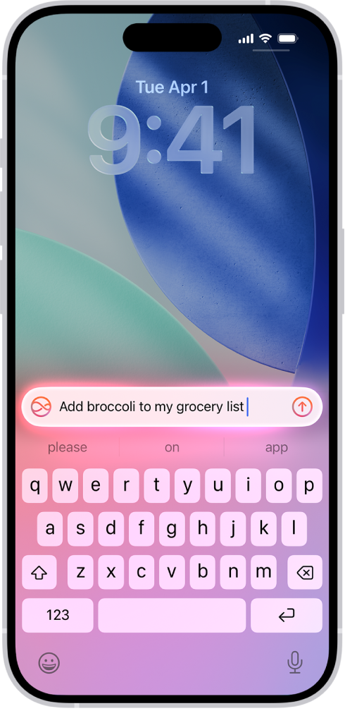 ലോക്ക് സ്ക്രീനിൽ കീബോർഡ് കാണിക്കുന്ന ഒരു iPhone. കീബോർഡിന്റെ മുകളിൽ ദൃശ്യമാകുന്ന ഒരു Siri അഭ്യർഥന.