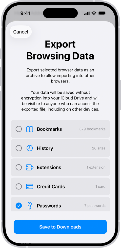 മറ്റൊരു പാസ്വേഡ് മാനേജറിലേക്ക് എക്സ്പോർട്ട് ചെയ്യാൻ സെലക്റ്റ് ചെയ്ത ‘പാസ്വേഡ്സ്’ ഓപ്ഷനുള്ള എക്സ്പോർട്ട് ബ്രൗസിങ് ഡാറ്റ സ്ക്രീൻ.