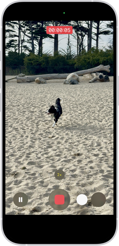 कॅमेरा फ्रेम स्क्रीन व्यापते. स्क्रीनच्या तळाशी, ’शटर’ बटण उजवीकडे मूव्ह होते, जे QuickTake व्हिडिओ घेणे सुरू झाल्याच्या हालचाली दर्शवते.