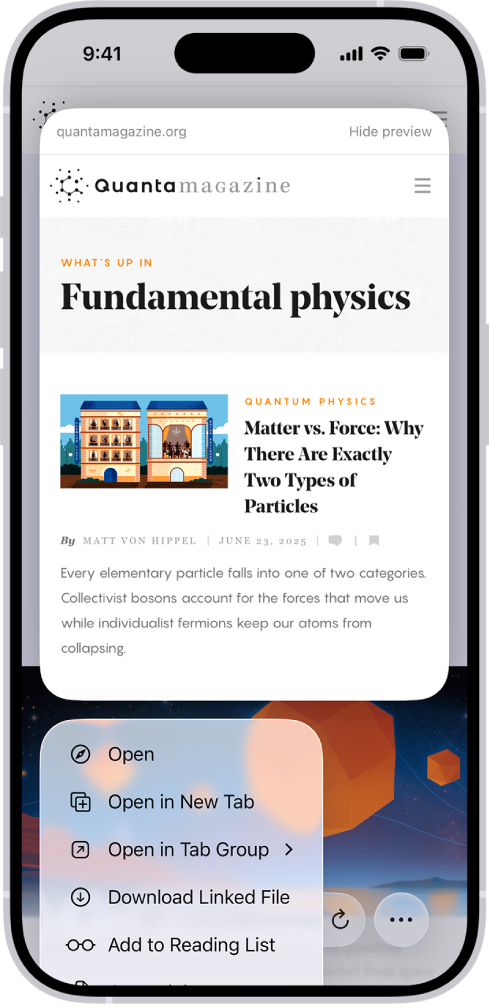 Pratonton tapak web diikuti oleh senarai tindakan yang boleh: Buka, Buka dalam Tab Baharu, Buka dalam Kumpulan Tab, Muat Turun Fail Dipautkan dan Tambah ke Senarai Bacaan.