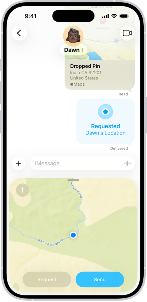 Perbualan Mesej dengan pin dijatuhkan, permintaan lokasi dan lokasi bakal dihantar.
