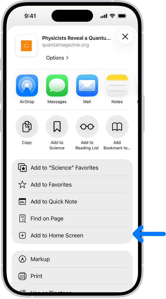 Dalam Safari, butang Kongsi pada tapak web telah diketik, memaparkan senarai pilihan, termasuk Tambah ke Skrin Utama.