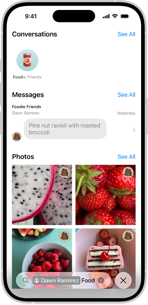 Cari hasil dalam app Mesej. Medan carian mengandungi tag yang mengehadkan carian kepada mesej daripada satu orang.