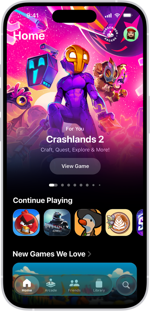 De Apple Games-app met het tabblad 'Home', met games die je verder kunt spelen en nieuwe releases.