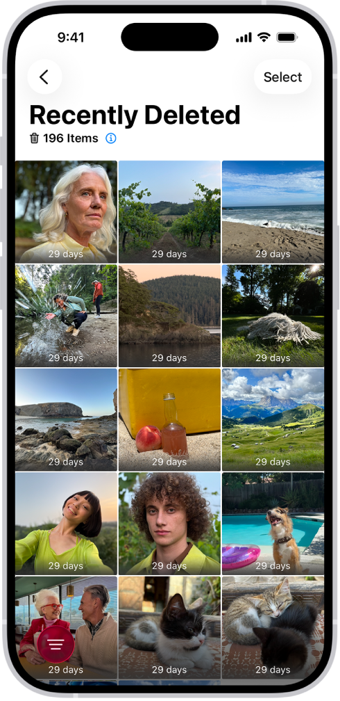 De map 'Recent verwijderd' in de Foto's-app. De recent verwijderde foto's worden in een raster op het scherm weergegeven.