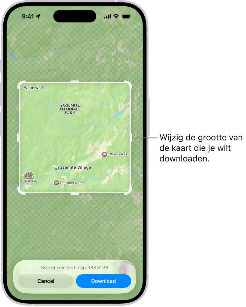 Een kaart van een nationaal park. Rond het park staat een kader met grepen. Je kunt deze verplaatsen om de grootte aan te passen van de kaart die je wilt downloaden. De downloadgrootte van de geselecteerde kaart wordt eronder weergegeven. Onder in het scherm staan de annuleerknop en de downloadknop.