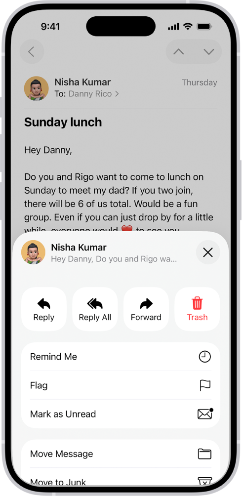 Een e‑mail met antwoordopties. Midden in het scherm staan van links naar rechts 'Antwoord', 'Antwoord allen', 'Stuur door' en 'Prullenmand'.