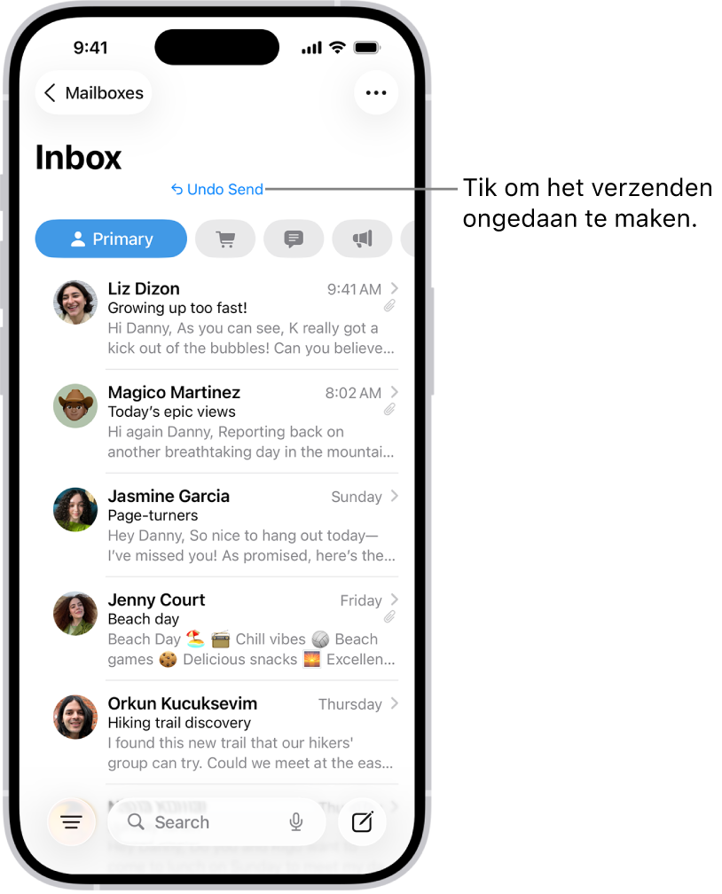 De postbus 'Inkomend' met een lijst met berichten. Onder in het scherm, in het midden, staat de knop 'Maak verzenden ongedaan' (om een zojuist verstuurd bericht terug te halen).