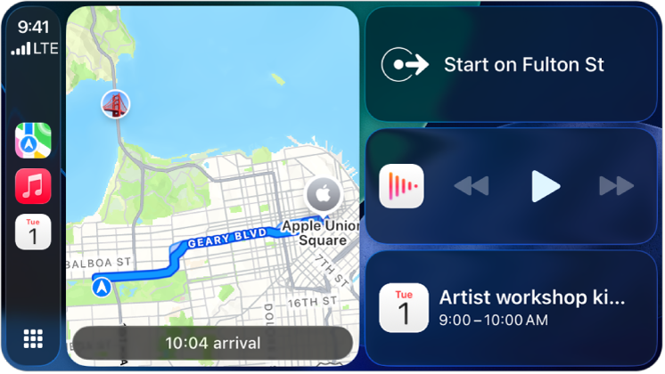 Een CarPlay-dashboard waarop Kaarten, Muziek en Berichten in de navigatiekolom worden weergegeven. Aan de rechterkant zie je een plattegrond van Apple Park, een navigatievenster en het venster 'Huidige'.
