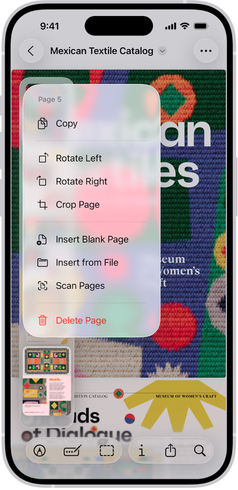 En PDF-katalog, med miniatyrbilder til venstre. Det siste miniatyrbildet er markert, og over det er det en meny med valgene Kopier, Roter mot venstre, Roter mot høyre, Beskjær side, Sett inn tom side, Sett inn fra fil, Skann sider og Slett side.