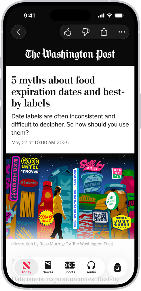 En nyhetssak i News-appen. Today er markert i fanene på bunnen.