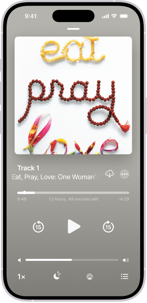 ଶୀର୍ଷରୁ ନିମ୍ନ ପର୍ଯ୍ଯନ୍ତ ଥିବା “ଅଡିଓବୁକ୍ ପ୍ଲେୟର୍ ସ୍କ୍ରୀନ୍” ଅଡିଓବୁକ୍ କଭର, ଚାଲୁଥିବା ବିଭାଗର ନାମ, ପ୍ଲେହେଡ୍, “ପଜ୍ କରନ୍ତୁ” ବଟନ୍ ଏବଂ ଆଗକୁ ଏବଂ ପଛକୁ ସ୍କିପ୍ କରନ୍ତୁ ବଟନ୍ ଦେଖାଉଛି। ନିମ୍ନରେ ଭଲ୍ଯୂମ୍ ସ୍ଲାଇଡର୍ ଅଛି ଏବଂ ତାହାର ତଳେ ପ୍ଲେବ୍ଯାକ୍ ସ୍ପୀଡ୍ ନିୟନ୍ତ୍ରଣ କରିବା, ସ୍ଲୀପ୍ ଟାଇମର୍ ସେଟ୍ କରିବା, ପ୍ଲେବ୍ଯାକ୍ ଗନ୍ତବ୍ଯସ୍ଥଳ ବାଛିବା ଏବଂ ବହିର ଟ୍ରାକ୍ ଲିଷ୍ଟ୍ ଦେଖିବା ପାଇଁ ବଟନ୍ ଅଛି।