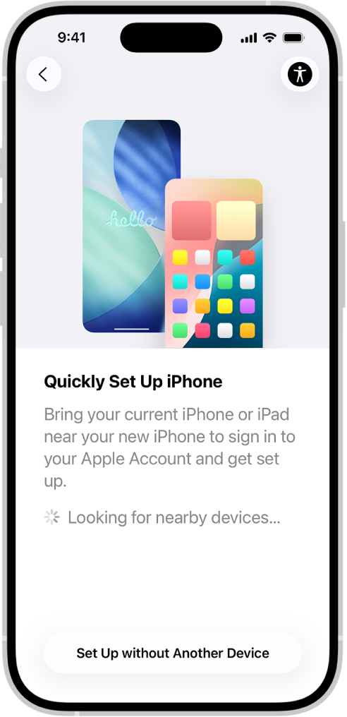 ਆਪਣੇ iPhone ਨੂੰ ਕਿਸੇ ਹੋਰ iPhone ਜਾਂ iPad ਦੇ ਨੇੜੇ ਲਿਆ ਕੇ ਜਾਂ ਕਿਸੇ ਹੋਰ ਡਿਵਾਈਸ ਤੋਂ ਬਿਨਾਂ ਇਸਨੂੰ ਸੈੱਟ ਅੱਪ ਕਰਨ ਦੇ ਵਿਕਲਪਾਂ ਦੇ ਨਾਲ ਕੁਇੱਕ ਸਟਾਰਟ ਸਕਰੀਨ।