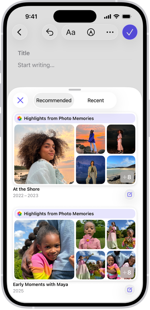 ਡਾਇਰੀ ਐਪ ਵਿੱਚ ਇੱਕ ਸਕਰੀਨ, ਜਿਸ ਵਿੱਚ ਡਾਇਰੀ ਲਿਖਣ ਸੰਬੰਧੀ ਸੁਝਾਅ ਵਜੋਂ ਤਸਵੀਰਾਂ ਨੂੰ ਹਾਈਲਾਈਟ ਕੀਤਾ ਦਿਖਾਇਆ ਜਾ ਰਿਹਾ ਹੈ।