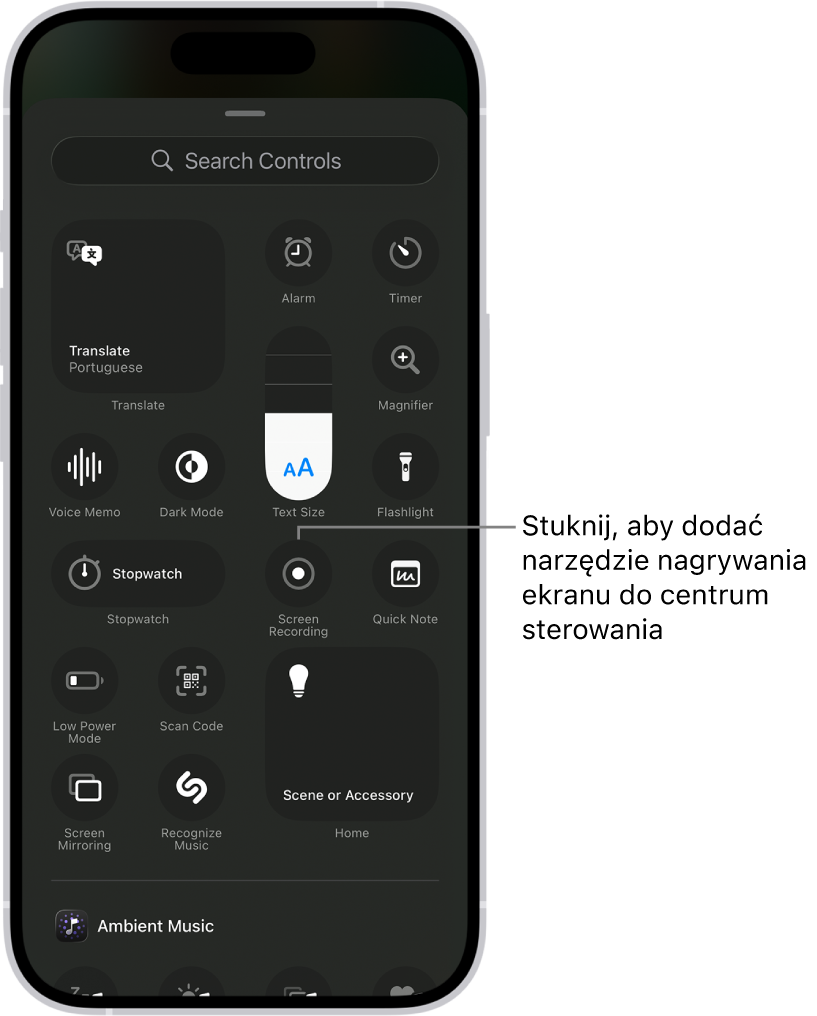Ekran wyświetlający narzędzia, które można dodać do centrum sterowania. Na środku ekranu widoczne jest narzędzie Nagranie z ekranu.