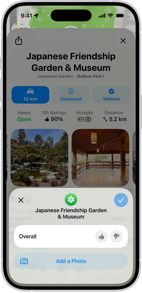 Karta miejsca z ogólną oceną miejsca, zdjęciami oraz przyciskami umożliwiającymi dodanie własnej oceny.
