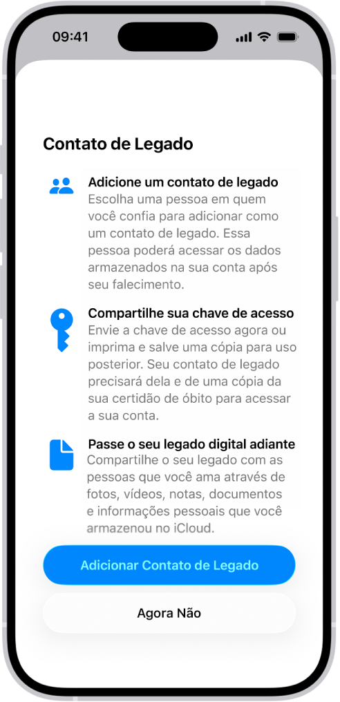 A tela Adicionar Contato para Recuperação mostrando contatos sugeridos para selecionar como contato de recuperação e a opção para escolher outra pessoa.