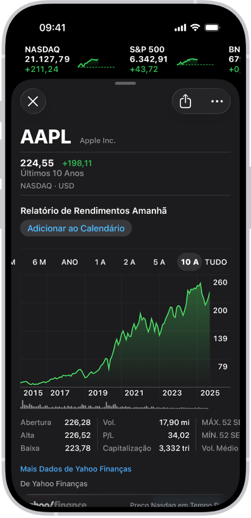 No centro da tela há um gráfico que mostra o desempenho de uma ação ao longo de dez anos. Acima do gráfico, há botões para exibir o desempenho das ações em 6 meses, 1 ano, 2 anos, 5 anos ou 10 anos. Abaixo do gráfico há detalhes da ação, como preço de abertura, máximo, mínimo e capitalização.