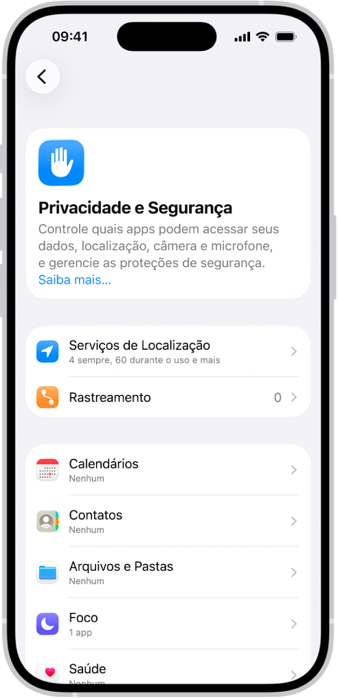 Tela Privacidade e Segurança nos Ajustes.