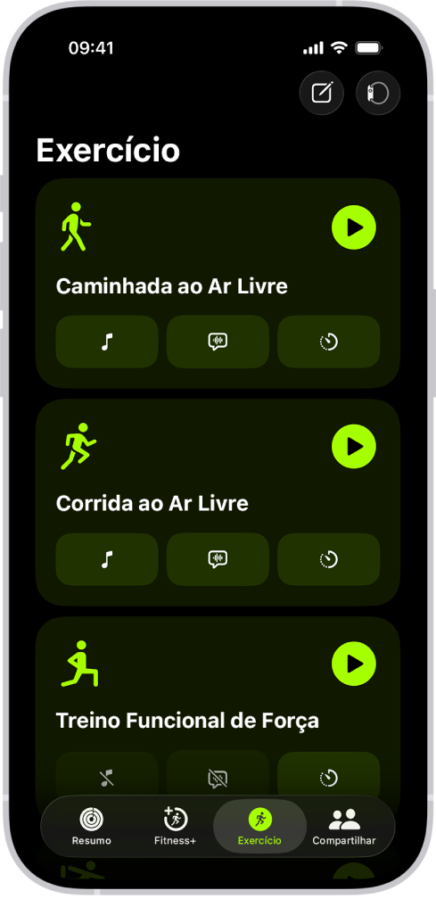 Tela de exercício do app Fitness mostrando três exercícios.