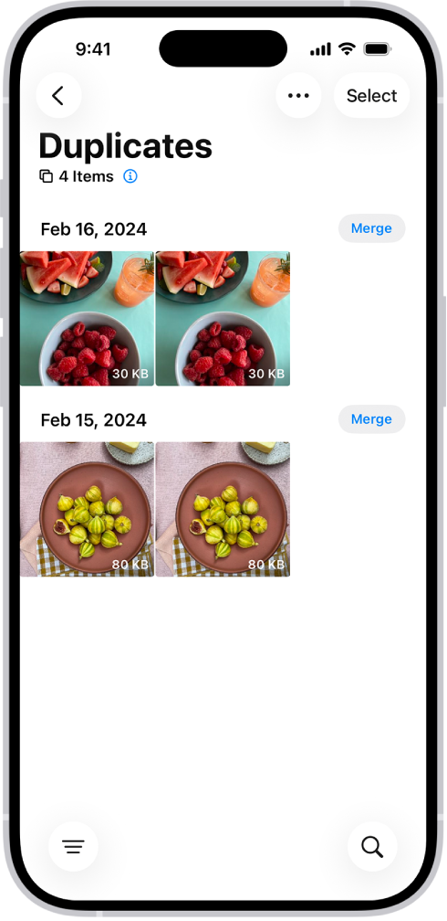 O ecrã “Duplicados” com fotografias duplicadas umas ao lado das outras. No lado direito do ecrã estão os botões “Combinar” para combinar cada par de fotografias duplicadas.