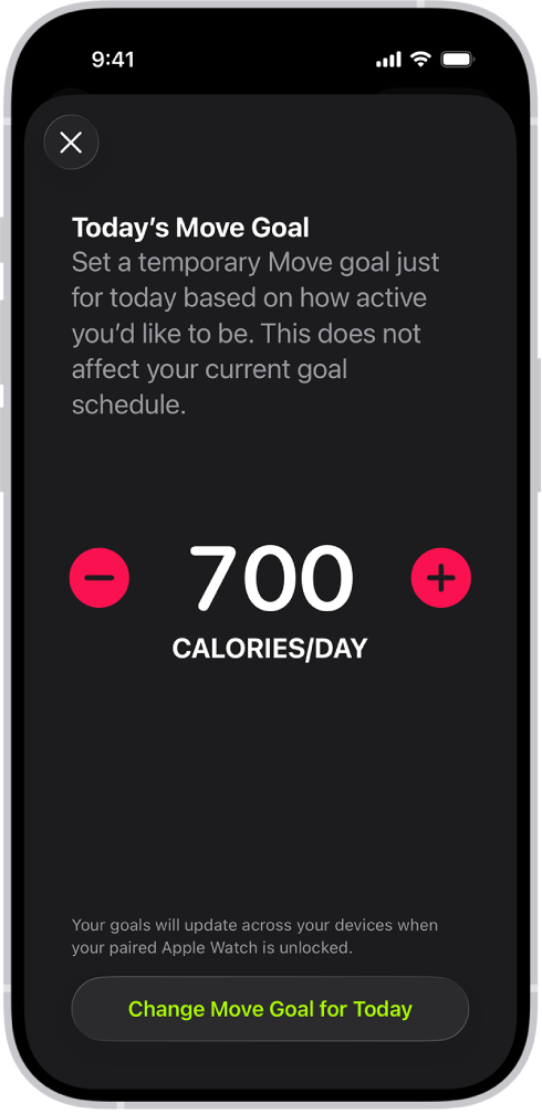O ecrã “Programa da meta de movimento” da aplicação Fitness a mostrar os botões para aumentar ou reduzir a meta de movimento.