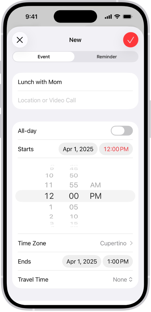 Um evento do calendário a mostrar definições para a hora e fuso horário do evento.