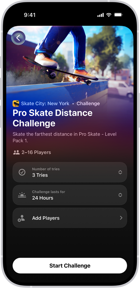 O ecrã de configuração de desafios a mostrar opções para definir o número de tentativas e a duração do desafio antes de jogar com amigos.