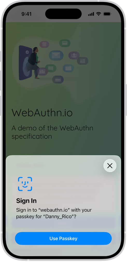Jumătatea de jos a iPhone‑ului afișează opțiunea de a utiliza o cheie de logare pentru autentificarea pe un site web.
