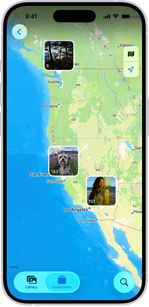 Vizualizarea Hartă este deschisă în aplicația Poze, cu locuri evidențiate. Este afișat numărul de poze realizate în fiecare loc.