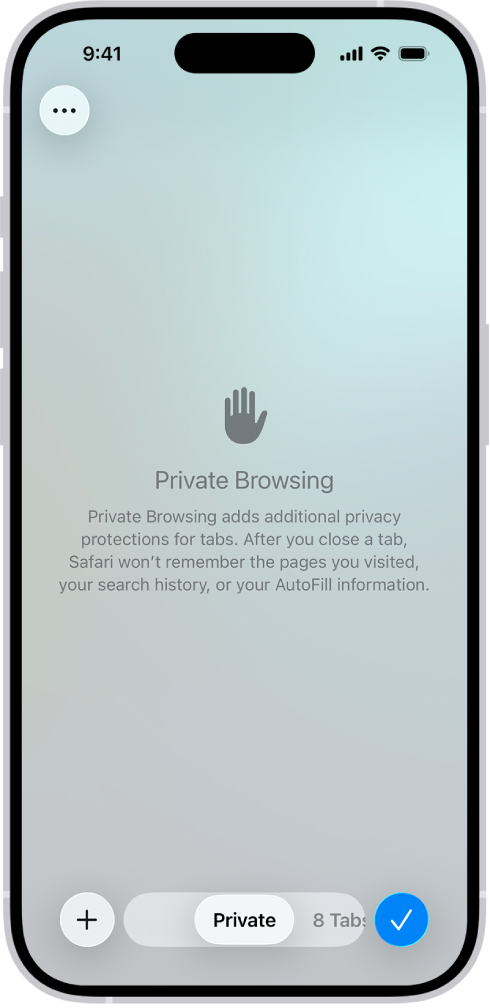В приложении Safari показан экран частного доступа. В поле в нижней части экрана отображается сообщение «Частный доступ».
