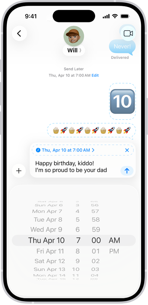 Разговор в Сообщениях. Показаны сообщения с запланированным временем отправки в будущем.