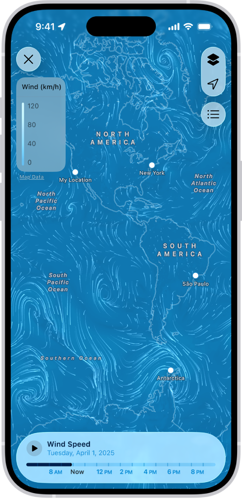 Na obrazovke apky Počasie sa zobrazuje mapa vetra na oceáne. V ľavom hornom rohu je tlačidlo na zatvorenie mapy a mierka prekrytia mapy vetra. V pravom hornom rohu sa zhora nadol nachádzajú tlačidlá Menu vrstiev, Aktuálna poloha a Miesta. V spodnej časti sa nachádza časová os.