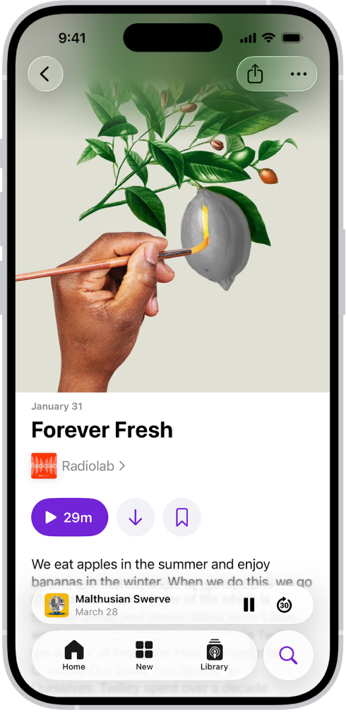 V apke Podcasty sa zobrazuje obrazovka s informáciami o epizóde. Smerom k dolnej časti obrazovky je miniprehrávač. Pod tým sú tlačidlá Domov, Nové, Knižnica a Vyhľadať.