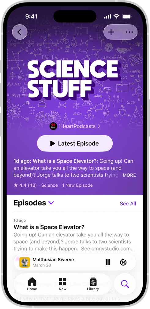 Stránka relácie v apke Podcasty so zoznamom epizód. V hornej časti obrazovky sú tlačidlá Späť, Odoberať a Viac. Smerom k dolnej časti obrazovky je miniprehrávač. Pod tým sú tlačidlá Domov, Nové, Knižnica a Vyhľadať.