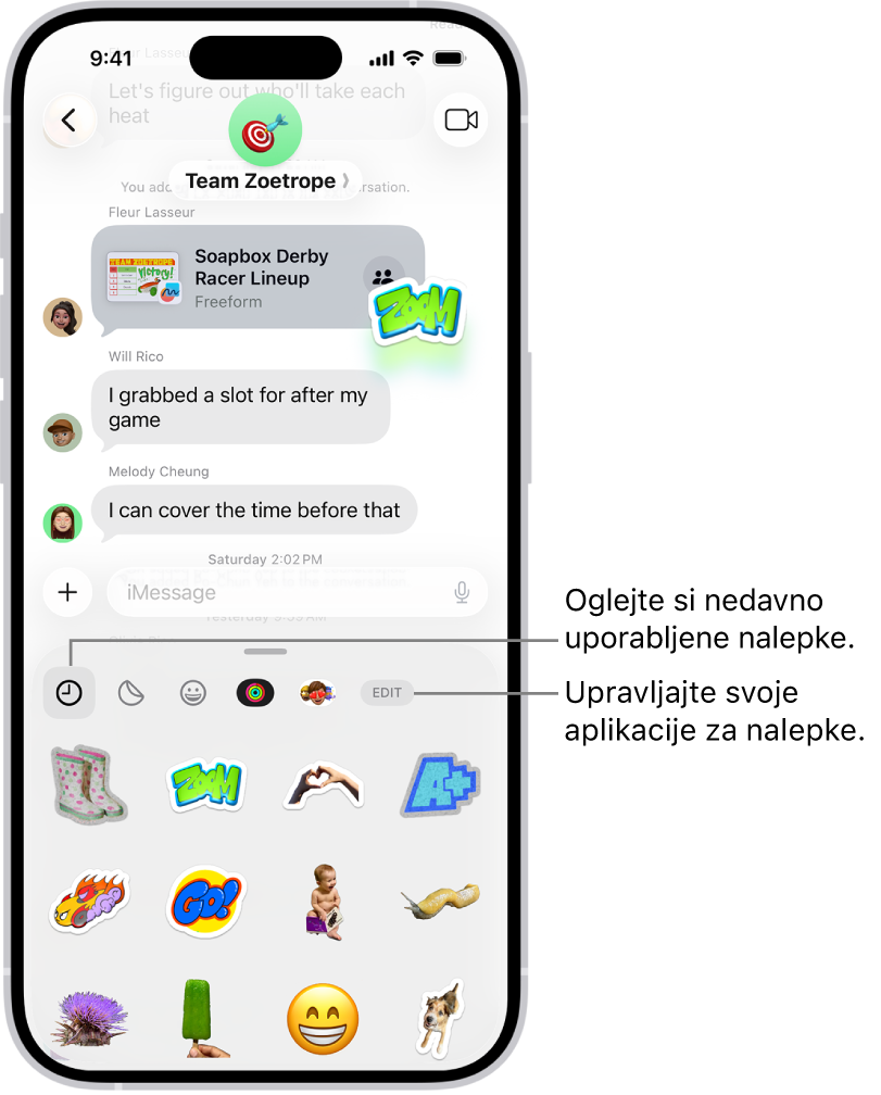 Nalepke se prikažejo pod pogovorom. Vsak gumb na vrhu kartice odpre paket nalepk.