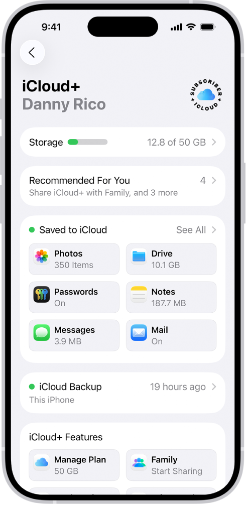 Ekrani i cilësimeve të iCloud që tregon matësin e hapësirës ruajtëse në iCloud dhe një listë të aplikacioneve dhe veçorive.