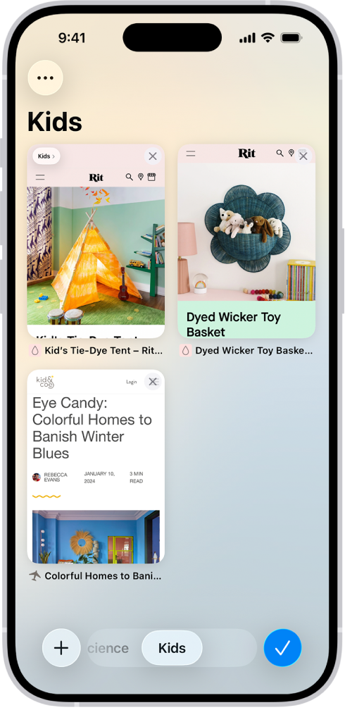 На екрану се виде прегледи три отворене картице из групе картица која се назива Kids.
