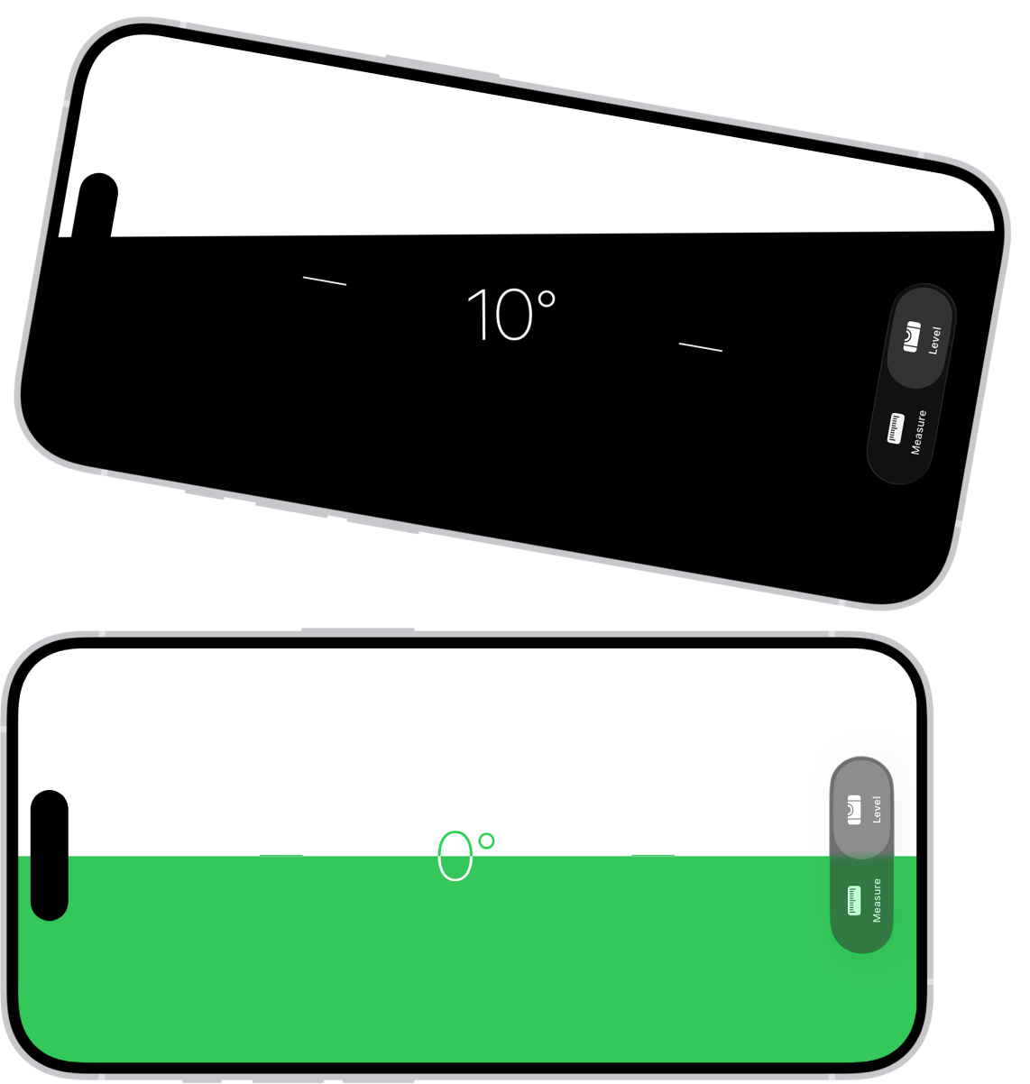 Екран либеле у апликацији Measure. Горња ивица iPhone-а је нагнута под углом од десет степени, док је доња ивица у равни.